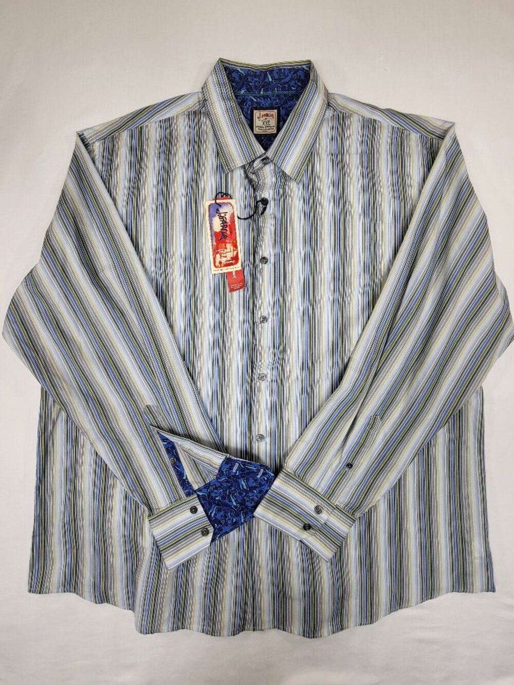 NWT J. Garcia Men's XXL Striped Long Sleeve Button Down Shirt Blue Green Art